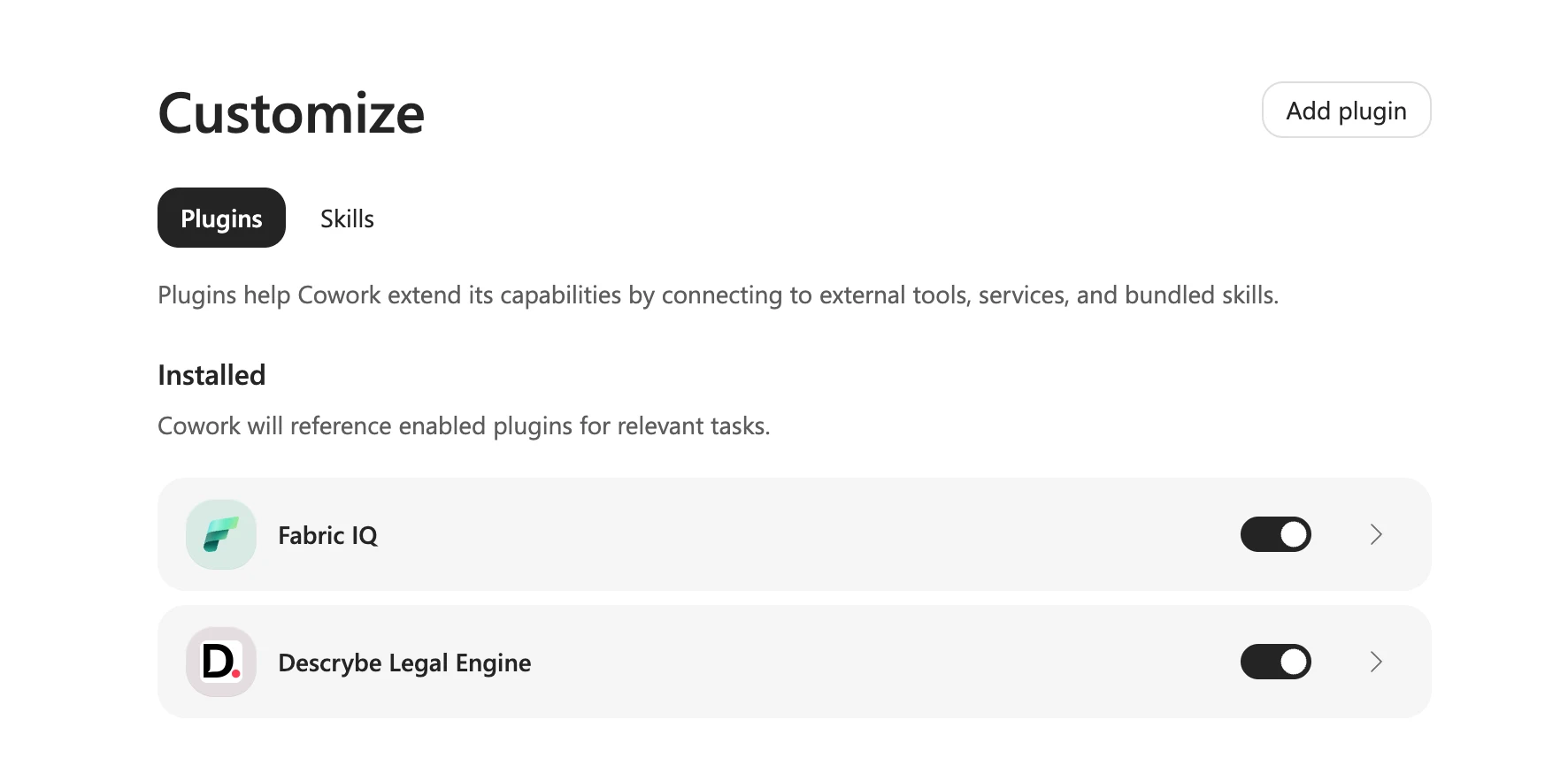 Microsoft 365 Copilot Cowork Customize screen showing Descrybe Legal Engine enabled under Plugins