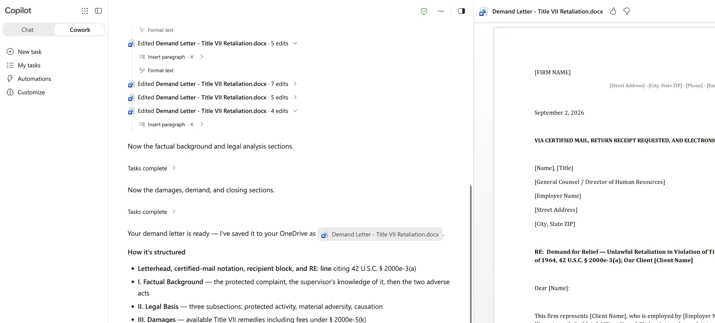 Microsoft 365 Copilot Cowork creating a Word demand letter with research from Descrybe Legal Engine
