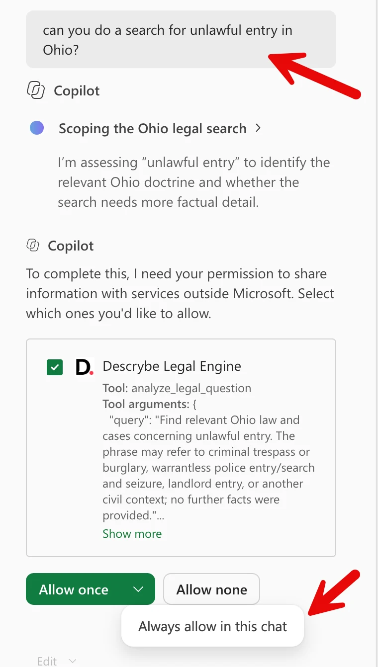 Copilot in Excel asking permission to use the Descrybe Legal Engine tool with Allow once and Always allow in this chat options