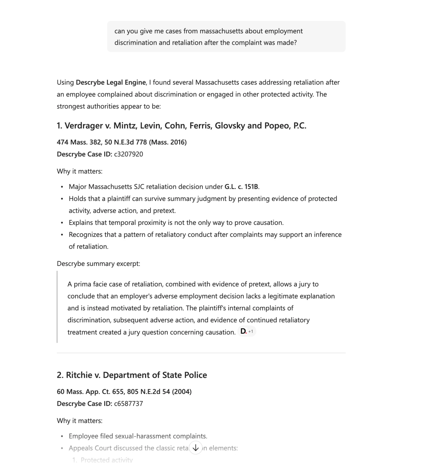 Microsoft 365 Copilot presenting Massachusetts employment retaliation cases found with Descrybe Legal Engine