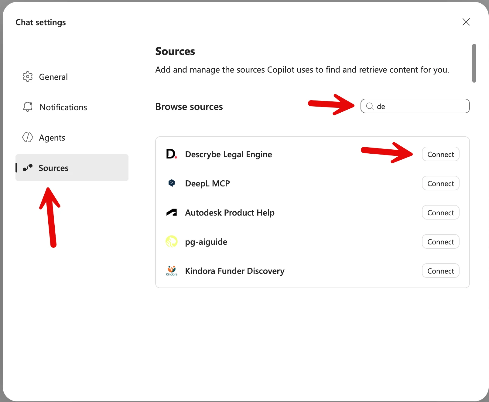 Microsoft 365 Copilot settings showing Descrybe Legal Engine in the Sources directory with a Connect button